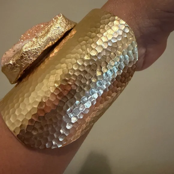 Gold Hammered Cuff Bracelet with Stone - Picture 2 of 4
